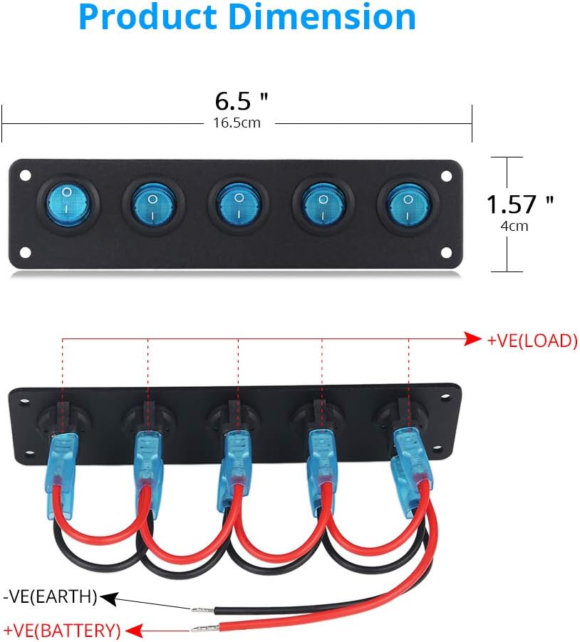 WATERWICH DC 12V-24V 5 Gang ON-Off Buttom Ignition Marine Boat Toggle Rocker Switch Panel Waterproof for RV Car Vehicles Truck Trailer Yacht SUV (5 Gang Blue): Automotive