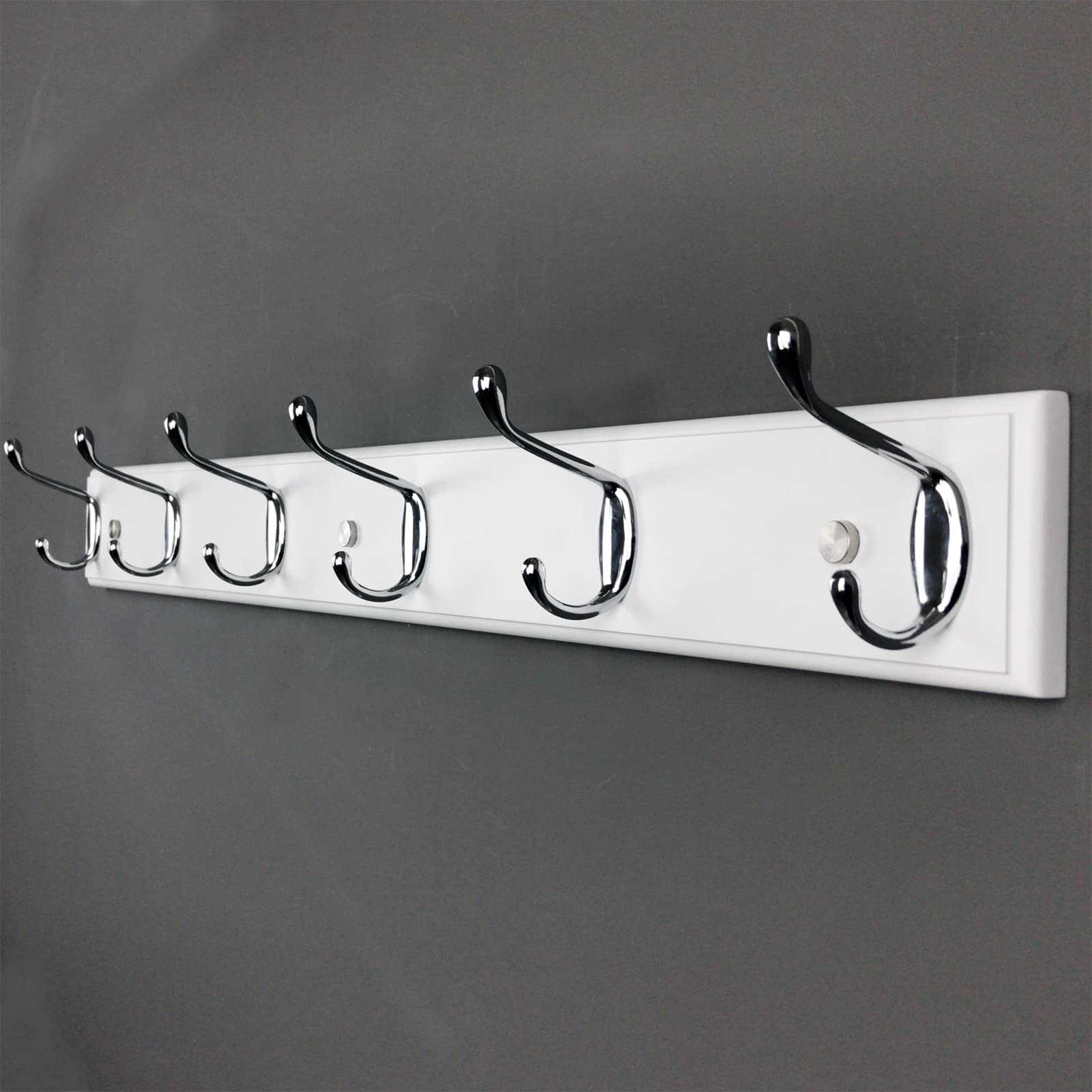 lomejii Long Wooden wall Mounted Coat Rack Wood White 6 Hooks, 70 cm, Sturdy Silver Coat Hook Rack for Clothes, Hats, Bags, Large Modern Wood Coat Rack for Entrance Hallway Bedroom