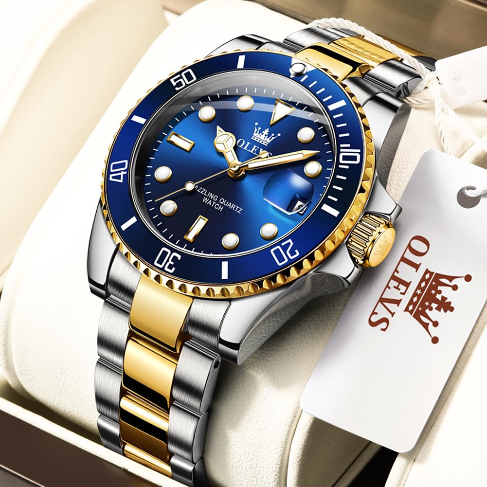 OLEVS Watches for Men Classic with Date Business Dress Luxury Big Face Green/Black/Blue Waterproof Luminous Mens Wrist Watch Analog Two Tone Stainless Steel Men Watch