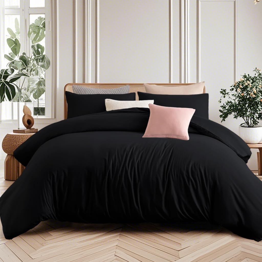 Soifox King Size Duvet Cover Set - Black Bedding Set KingSize Bed with Zipper Closure, Soft Microfiber Quilt Cover with 2 Pillowcases
