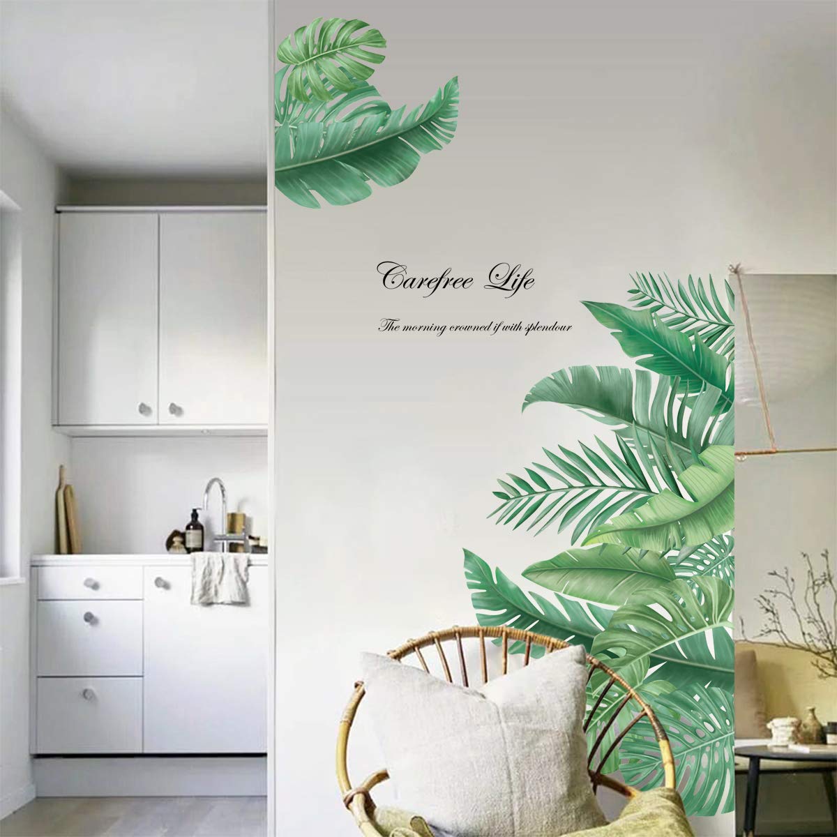 decalmile Giant Green Leaves Wall Decals Palm Tree Leaf Plants Wall Stickers Bedroom Living Room TV Wall Door Decor (Width:90cm)