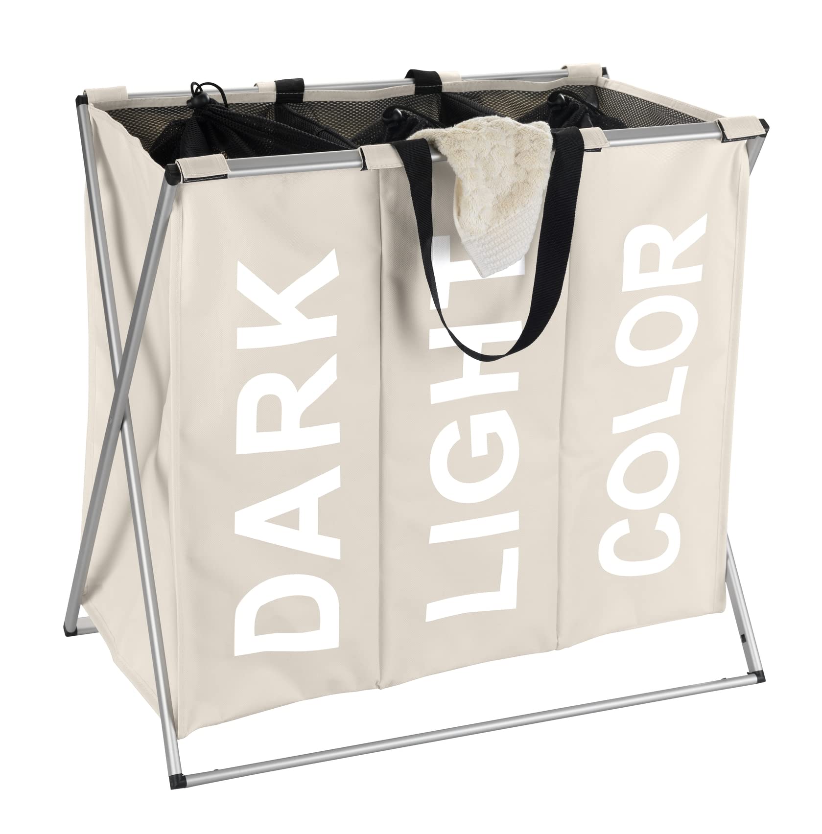 WENKO 3440113100 Laundry collector Trio Beige - 3 laundry compartments, capacity 130 L, Polyester, 63 x 57 x 38 cm