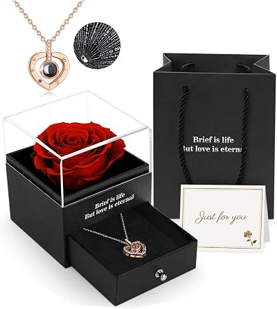 ADAZ Preserved Real Rose Gift Box with I Love You Necklace for Her