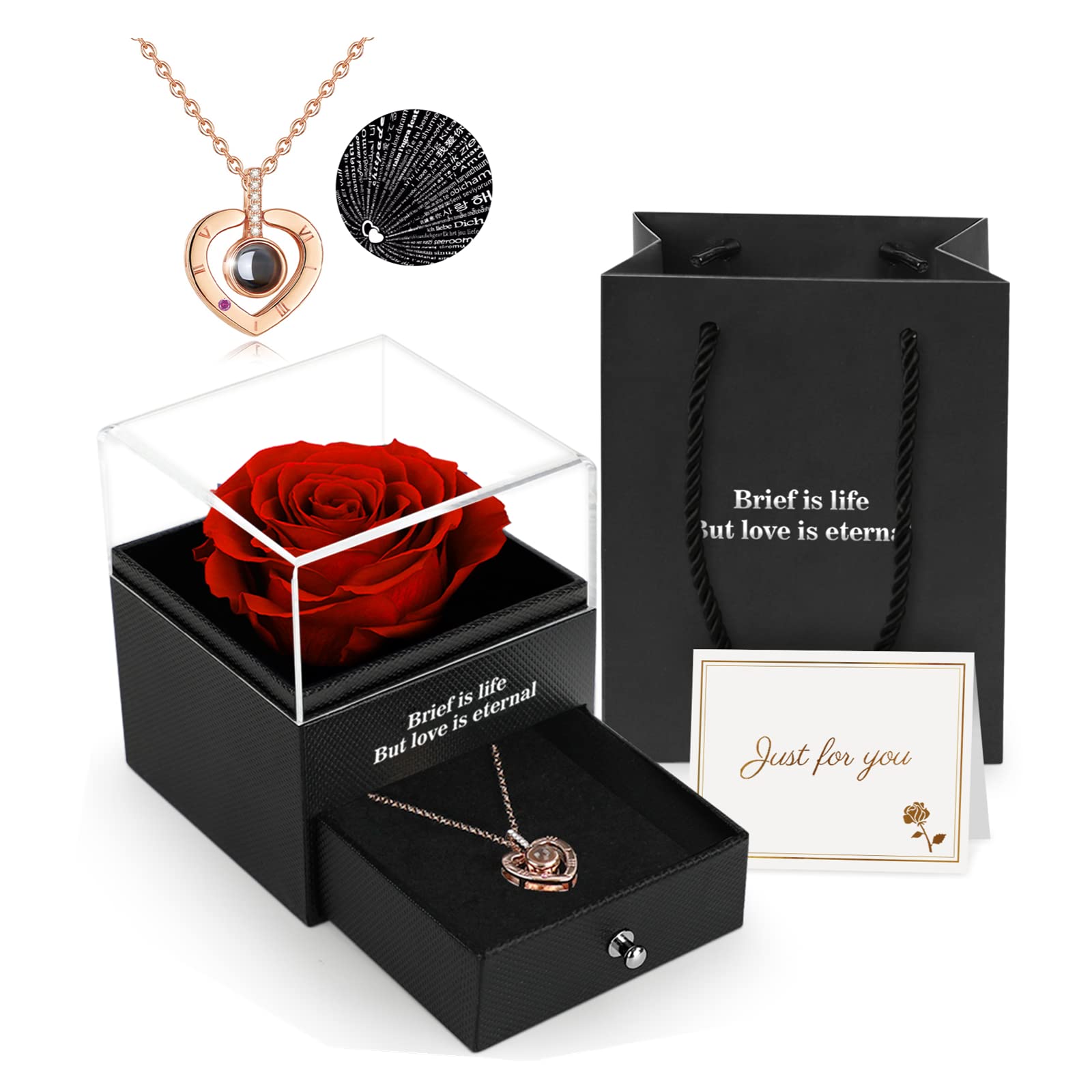 ADAZ Preserved Real Rose Gift Box with I Love You Necklace, Handmade Eternal Rose Flower Valentines Gifts for Her Girlfriend Women Wife Mum Mother on Valentines Day, Birthday, Anniversary, Christmas — image 1