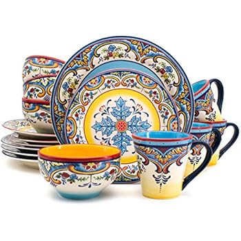Euro Ceramica Inc. YS-ZB-1001 Zanzibar Collection 16 Piece Dinnerware Set Kitchen and Dining, Service for 4, Spanish Floral Design, Multicolor, Blue and Yellow