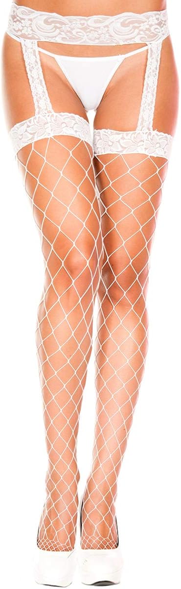 Music Legs Lace Top Diamond Net Spandex Garterbelt Stockings, White