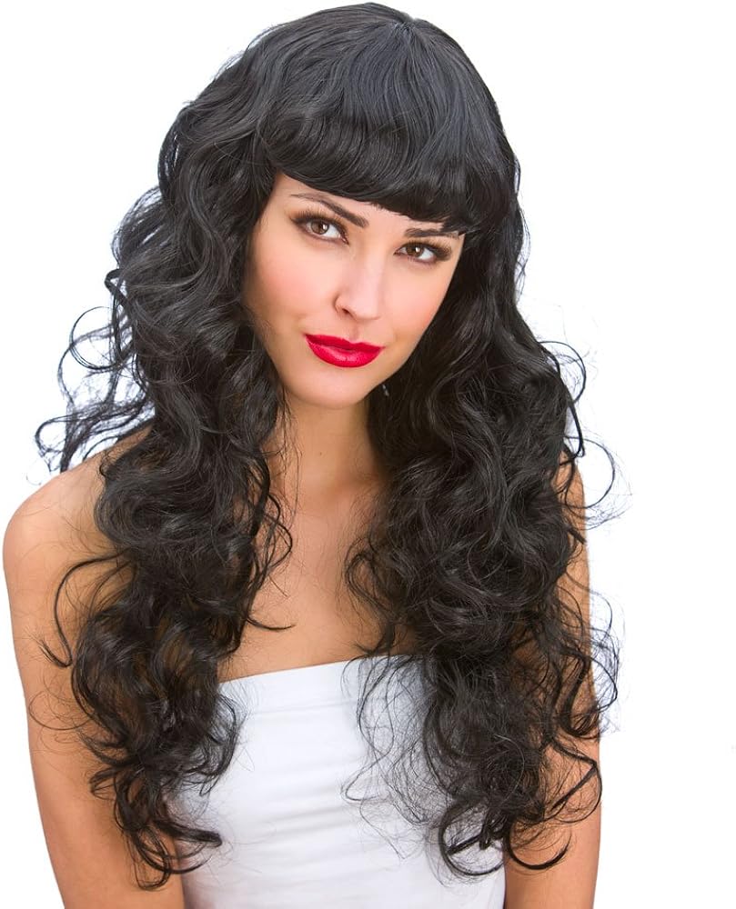 Amazon Com Ladies Black 60s 70s Long Wavy Curls Straight Fringe