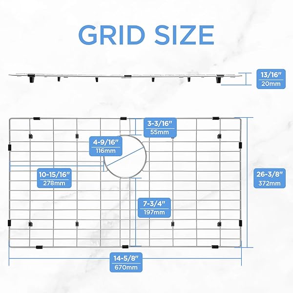SANYCASA STAINLESS STEEL KITCHEN SINK GRID – 26-3/8” X 14-5/8” SINK PROTECTOR FOR SINGLE BOWL SINKS – REAR DRAIN LOCATION, DURABLE SINK GRATE & DRYING RACK FOR GLASSWARE