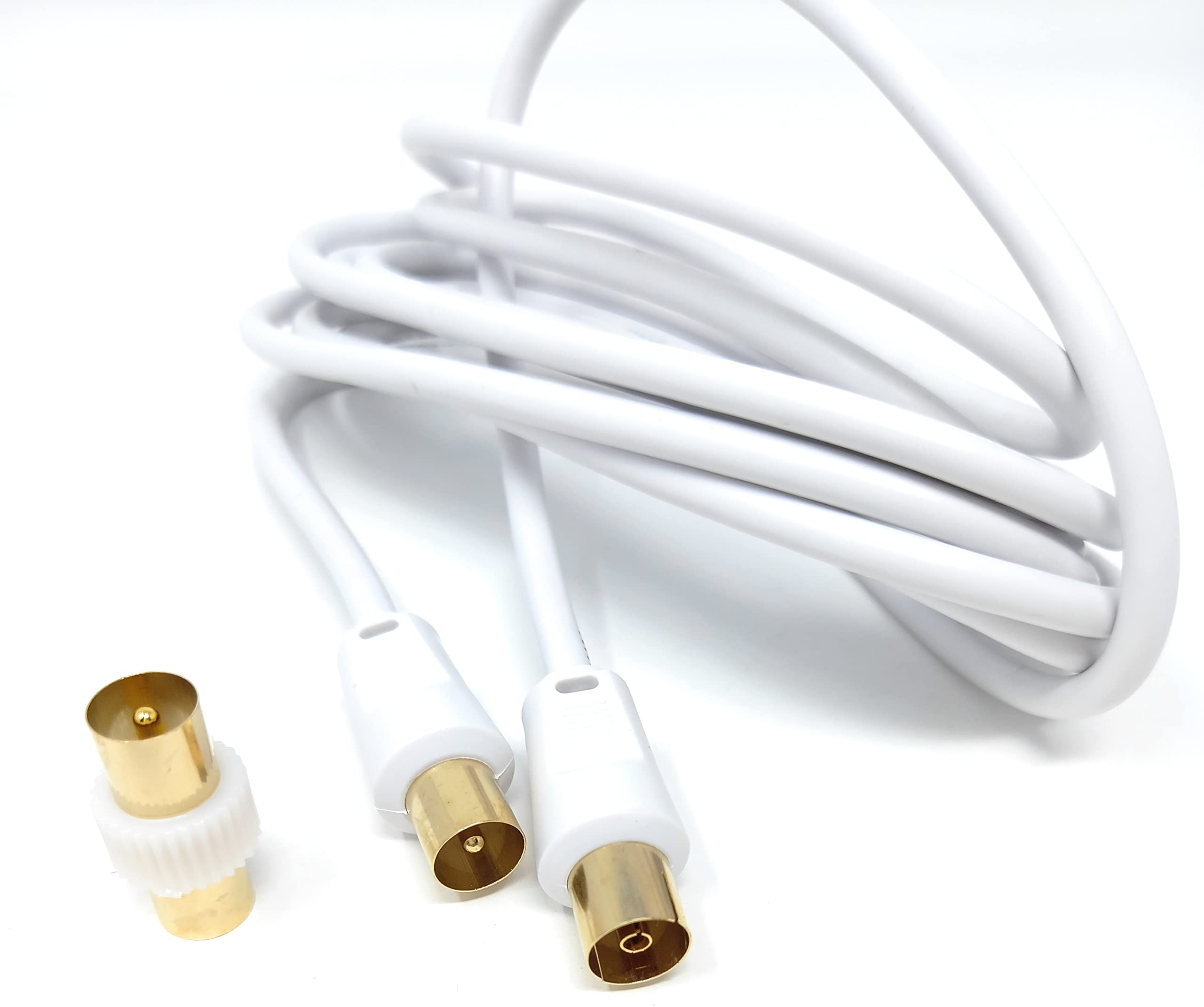 DRUT 3m TV Male to Female Extension Coax Cable, Supplied With a Male to Male Coupler Adapter, Gold Connectors 10ft White