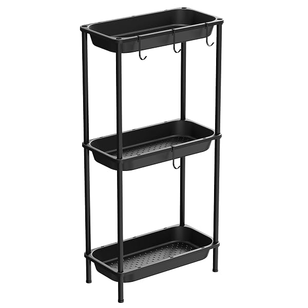ORIMADE RUSTPROOF 3 TIER FLOOR STANDING SHOWER CADDY ORGANIZER, PLASTIC METAL SPLICING FLOOR SHELF RACK STANDS FOR BATHROOM KITCHEN,15.35 X 29.33 X 7.87’’, BLACK