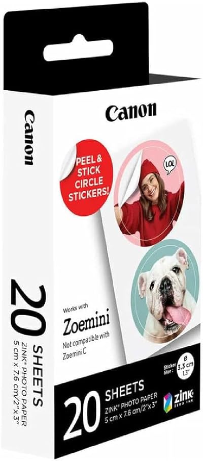 Canon ZINK Photo Paper 20 Sheets Pre-Cut Circle Stickers 2x3 in