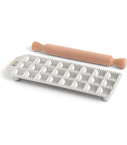 Machine à Raviolis Carrés En Aluminium 24 Trous - Avec Rouleau à Pâtisserie En Hêtre, Fabriquée En Italie