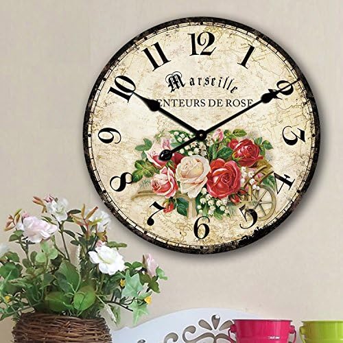 16-inch Flowers and Butterfly Wall Clock, Eruner Romantic Roses Floral Style *Marseille Senteur De Rose* Large Size Silent Quartz Movement Wooden Wall Clock for Home Decor(16", C-61)