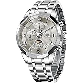 OLEVS Watches Men Luxury Chronograph Moon Phase Waterproof Luminous Watches for Men Analog Quartz Calendar Stainless Steel Strap Wrist Watches-(Black/Blue/Gold/Grey/Silver Face)