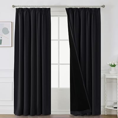 BellaHills 100% Blackout Curtains 2 Panels 90x90 Pencil Pleat Black Liner