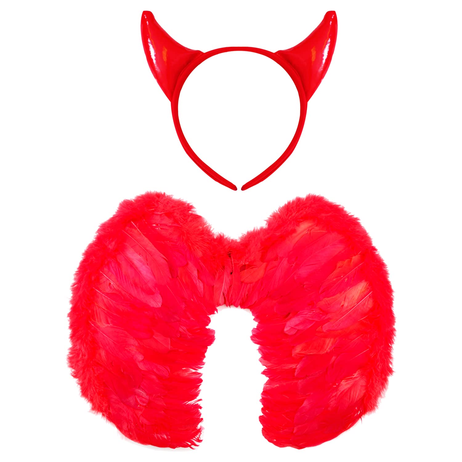 Ladies Devil Costume Set - Red Devil Horns + Red Feather Wings - 2-piece Fancy Dress Accessory Set