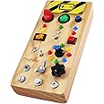 TenFans Montessori Busy Board with 8 LED Light Modes - Sensory Toys for 1-3 Year Olds & Airplane Travel, Wooden Activity Board Develops Fine Motor Skills