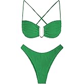 ZAFUL Women's Textured Underwire Bikini Set V Notch High Cut Swimwear Tie Side Ribbed Sexy Swimsuits