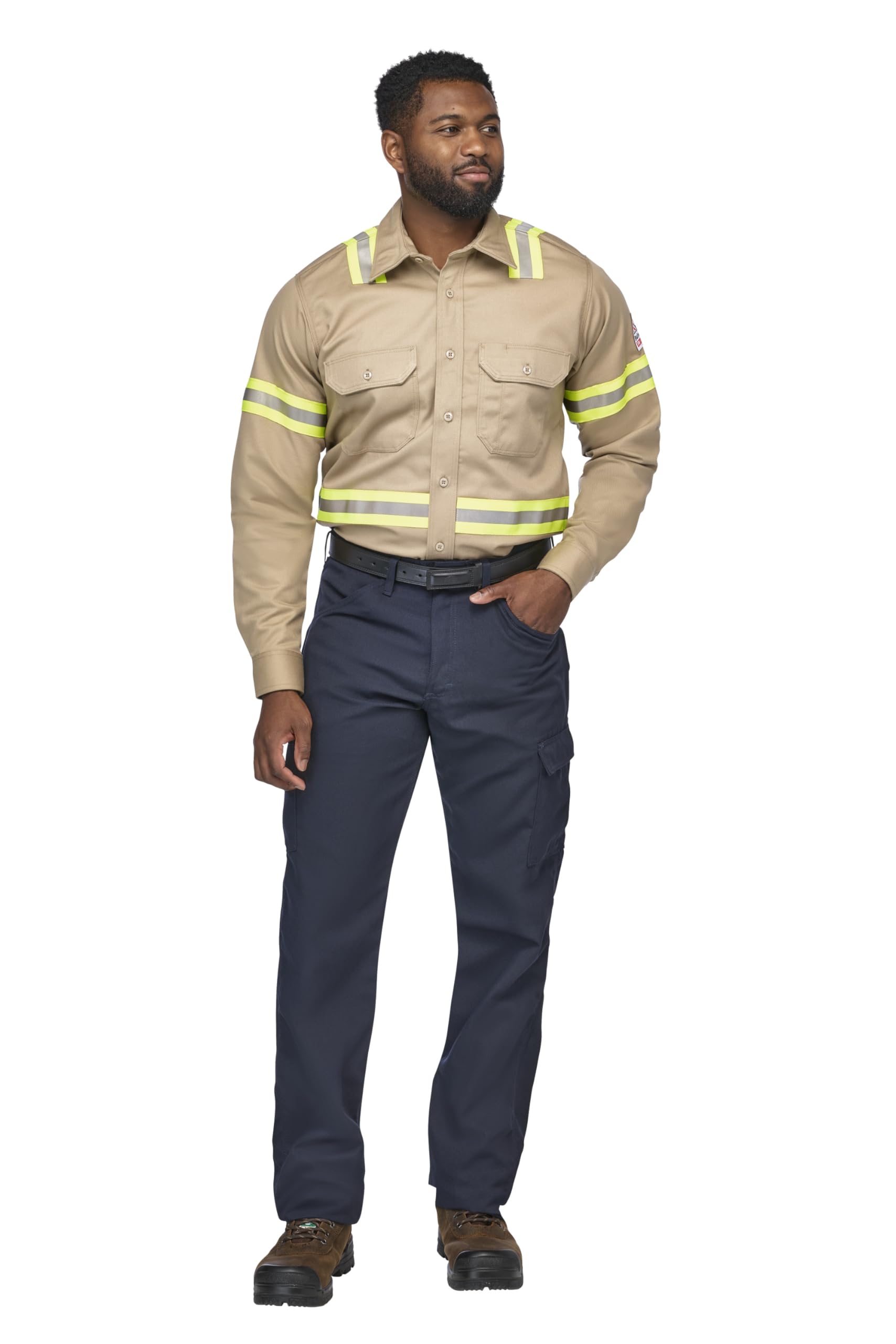 Bulwark Men’s Midweight FR Enhanced Visibility Uniform Shirt, Khaki, Medium Tall