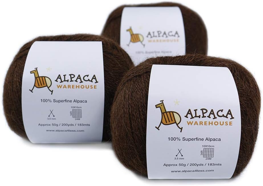 100% Alpaca Yarn Wool Set of 3 Skeins Fingering Weight - Heavenly Soft and Perfect for Knitting and Crocheting (Brown, Fingering)