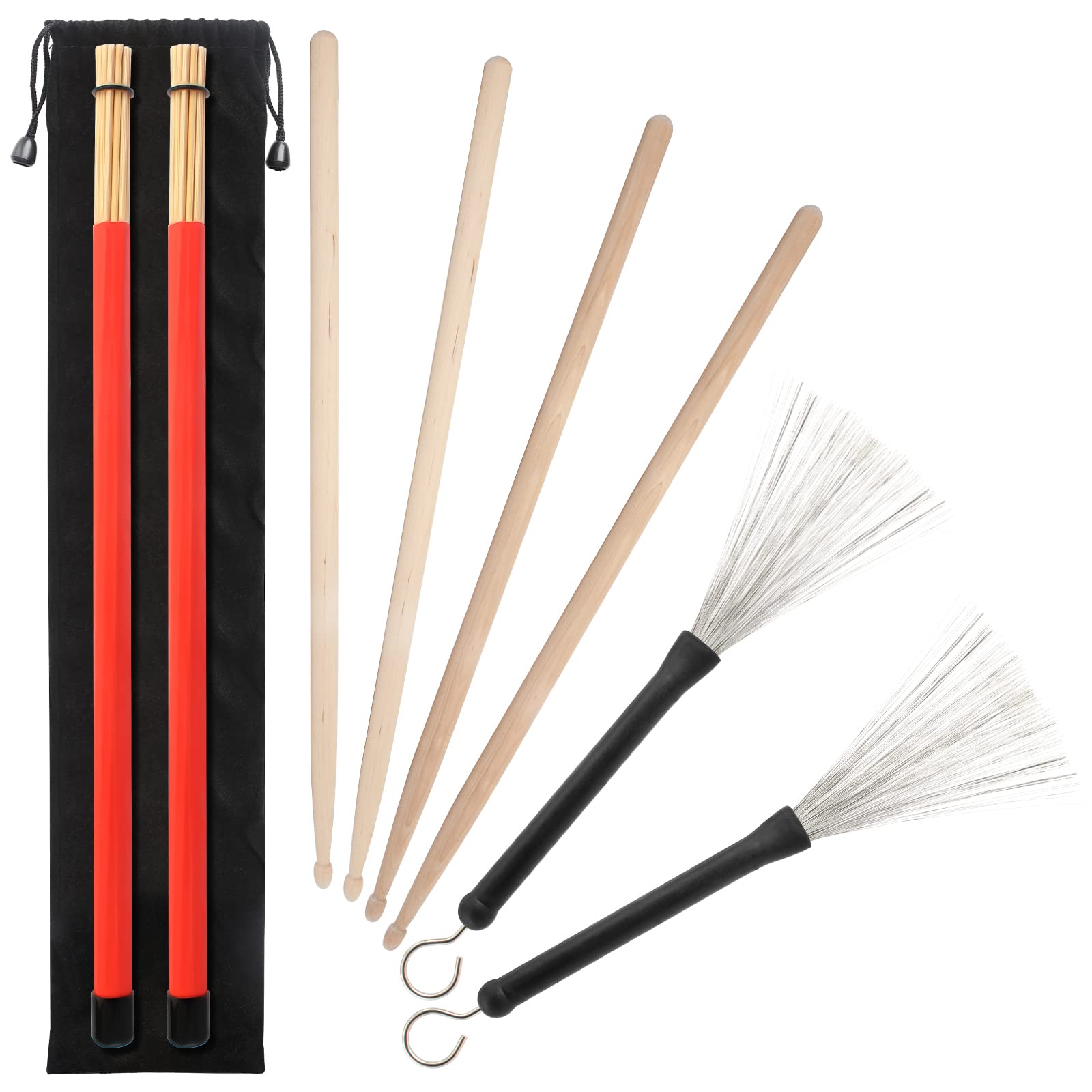 5A Drumsticks, 2 Pairs Classic Maple Drum Stick Sets With Retractable Wire Drum Brush and Professional Bundle Drum Stick Dowel Drumsticks Plus Waterproof Bag Accessories