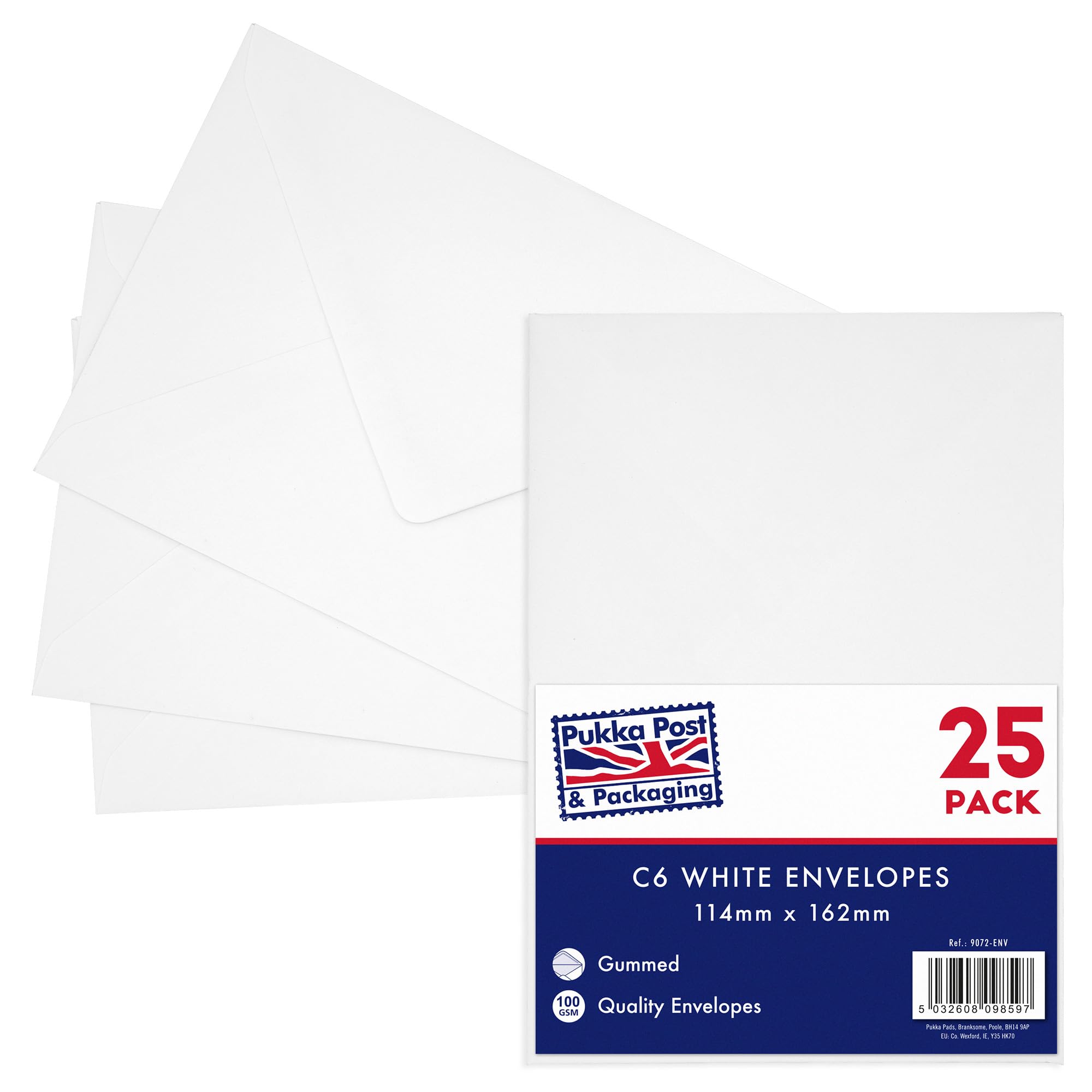 Pukka Pad, Pukka Post & Packaging Gummed Envelopes - Pack of 25, Ready-to-Seal, Durable 100GSM Postal Envelopes for Letters, Invitations, and Other Mail - 114 x 162mm, Size C6, Matte White