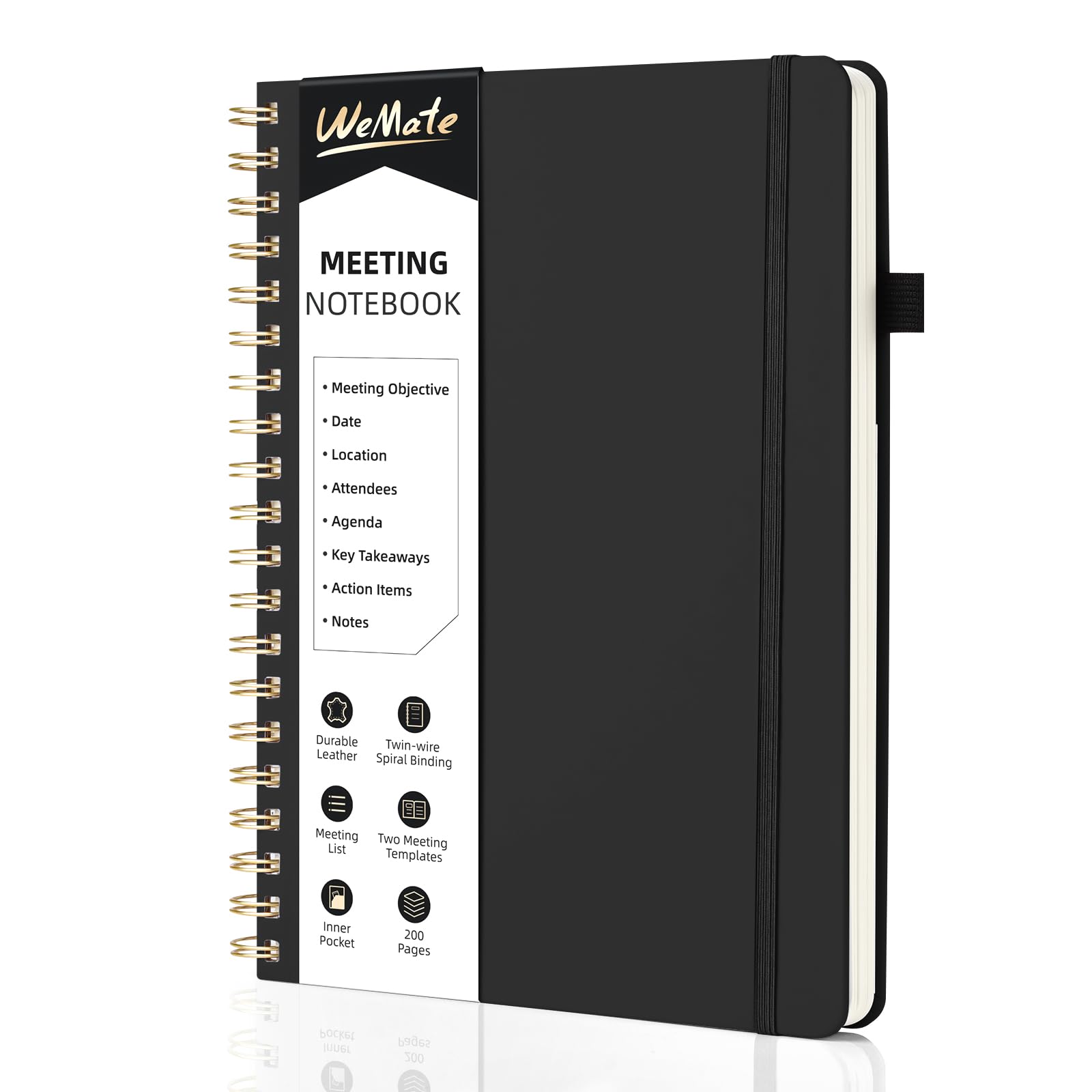 WEMATE Meeting Notebook B5 (7"x10") - PU Leather Planner Notebook with Agenda, Action Items & Notes - 200 Pages for Men&Women, Staff and Students, Meeting, Projects Planning - Black