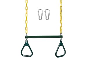 RedSwing Trapeze Swing Bar with Triangular Gymnastic Rings, Kids Swingset Heavy Duty Coated Chains with Carabiners, Outdoor Swing Play Playground Accessories, Green and Yellow