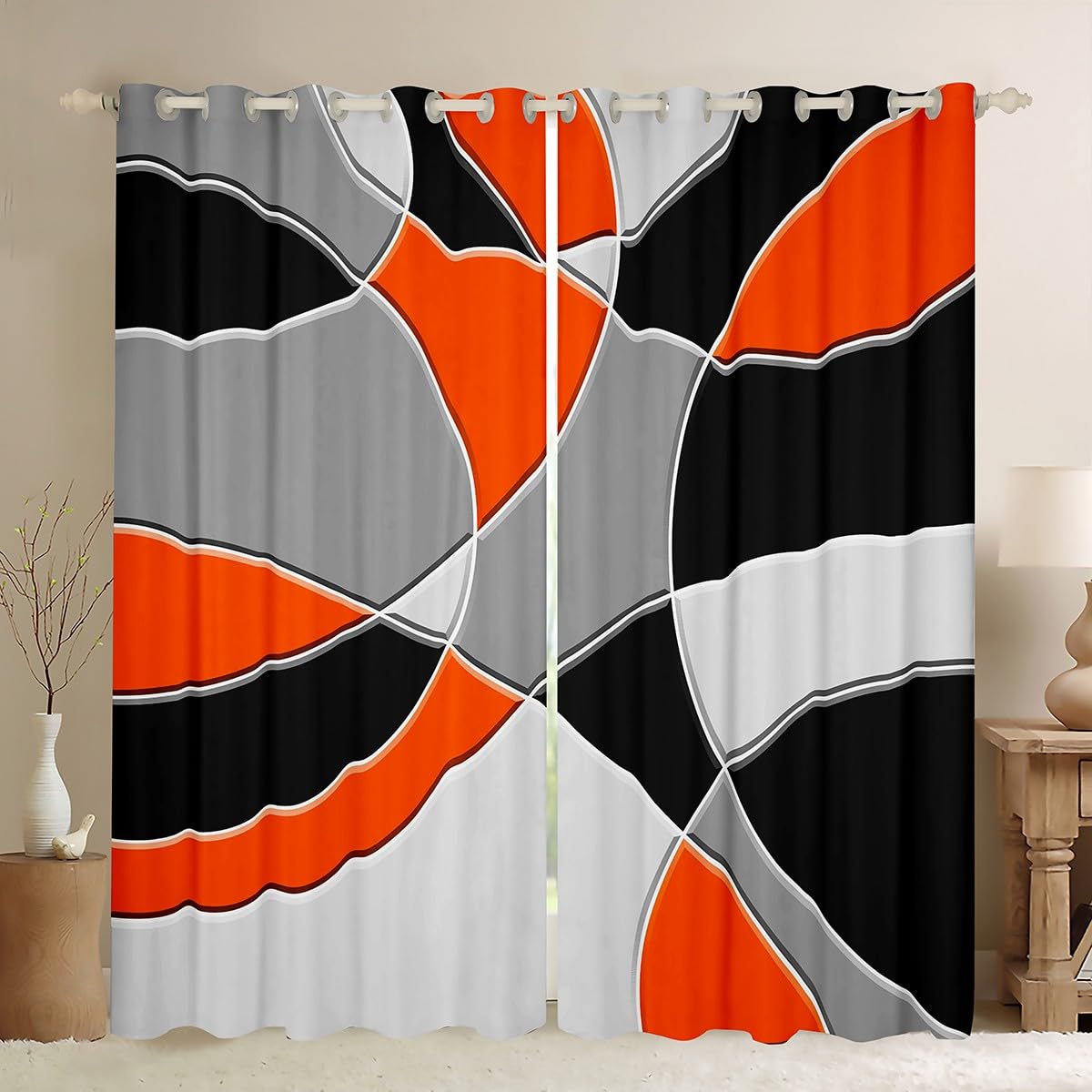 Orange Grey Black Window Curtains Retro Circle for Circle Geometric Blackout Curtains(30%-50%) Abstract Art Room Decor Abstract Geometric Window Treatments W52*L90