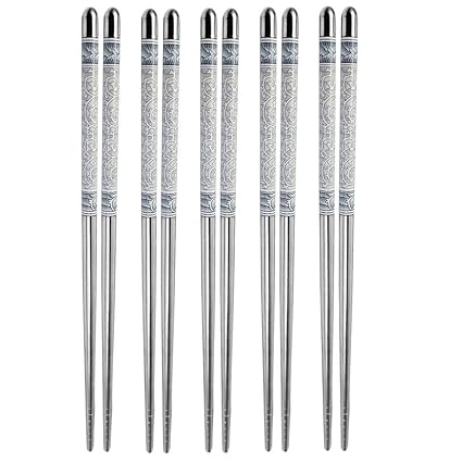 Lukzer Set of 5 Pairs Designer Printed Round Stainless Steel Reusable Chopsticks, 23 cm.