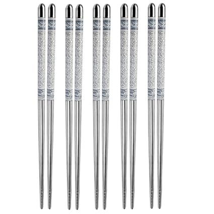 Lukzer Set of 5 Pairs Designer Printed Round Stainless Steel Reusable Chopsticks, 23 cm.