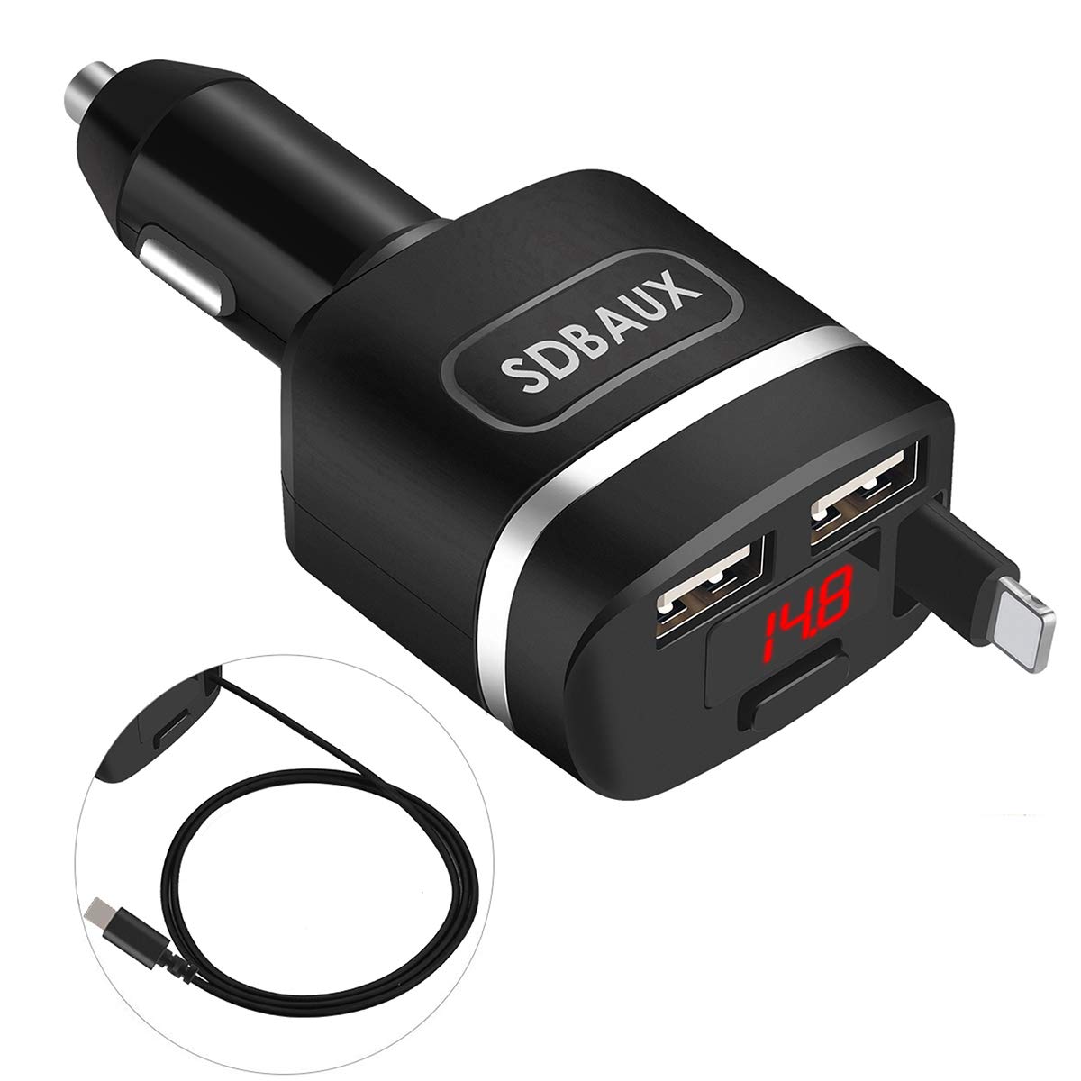 SDBAUX Car Charger(4.8A/24W), with 2.8ft Retractable Cable Compatible/Replacement for Phone 12 11 Pro Max XS Max XR X 8 7 6 Plus, 2 USB Ports for Samsung Galaxy S20 S10 S9 S8 LG Google Pixel and More