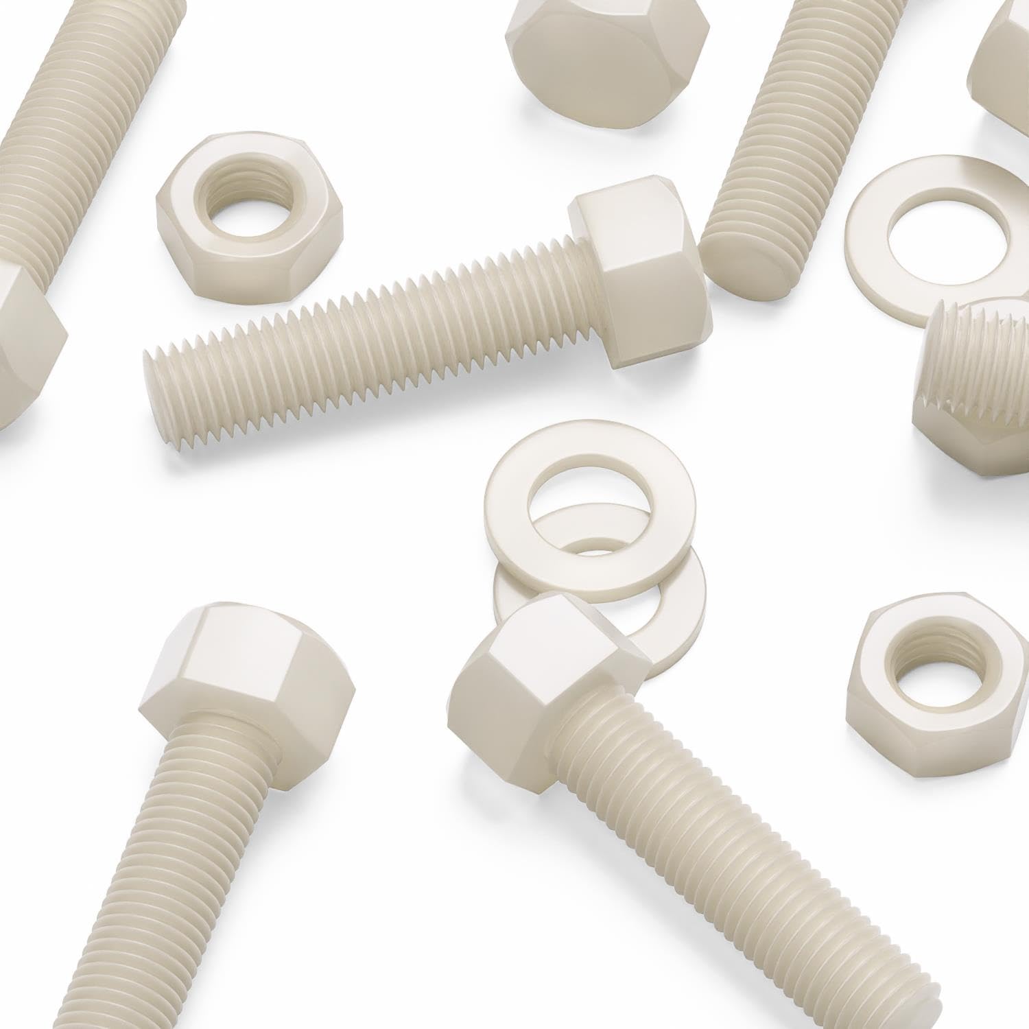 5X Natural Nylon Hex Head, M16 x 65mm, Plastic Nuts and Bolts, Washers, Hexagon, Nylon