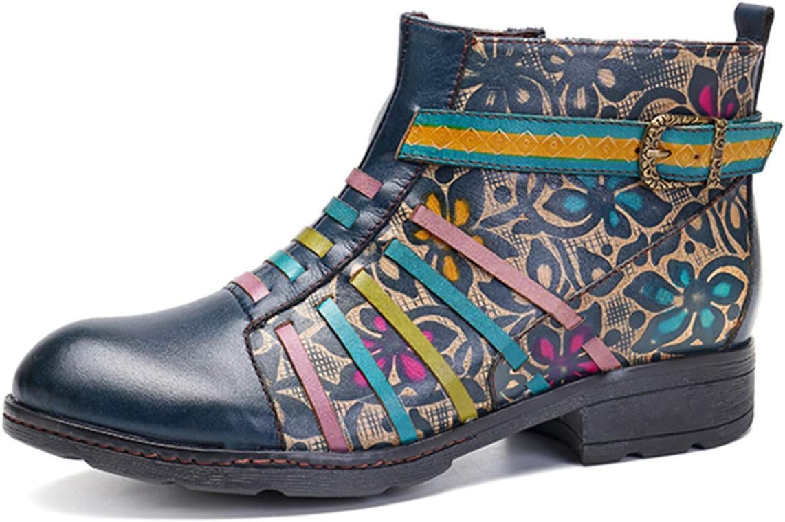 Socofy Leather Ankle Boots, Women's Winter Leather Boots Shoes Ladies Spring Casual Walking Oxford Boots Vintage Handmade Pattern Flat Heel Non Slip Side Zip Boots Retro Round Toe Party Dress Shoes