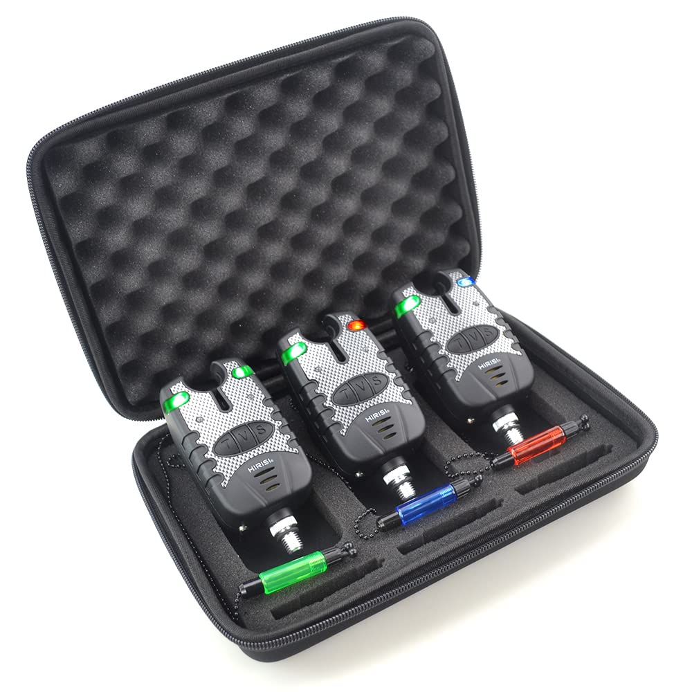 Hirisi Tackle Carp Fishing Bite Alarms and 3 Swingers in Zipped Pouch, Red, Blue, Green (Red, Blue, Green)