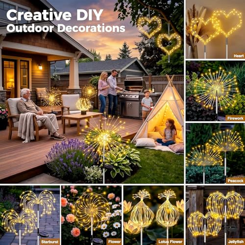 yowin Firework Solar Lights Outdoor Garden 4 Pack 120 LED Solar Garden Lights, 8 Modes Starburst Light Waterproof Copper Wire Dandelion Outdoor Stake Light for Pathway Patio Yard Lawn - Warm White