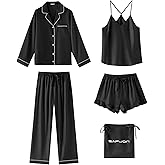 SAPJON Satin Silk Pajamas for Women Set 5PCS Classic Button Down Pajamas Top and Pants Cami and Ruffle Shorts Sleepwear