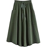 Lyking Women's Casual High Waist Pleated A-Line Midi Skirt with Pocket
