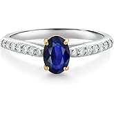 Gem Stone King 10K White and Yellow Gold Blue Sapphire and White Lab Grown Diamond Engagement Ring For Women (0.75 Cttw, Oval 7X5MM, Gemstone September Birthstone)