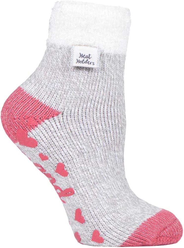 HEAT HOLDERS - Ladies Feather Top Fluffy Low Cut Non Slip Thermal Lounge Bed Socks with Grips (4-8 uk, Light Grey (L Feather))
