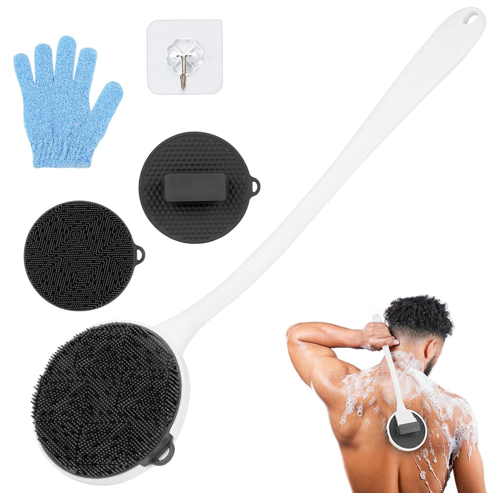 LOPHE Silicone Body Scrubber, Detachable Back Scrubber with Long Handle, Removable Shower Bath Wash Brush for Women Men Shower Spa Exfoliating Massage (White)
