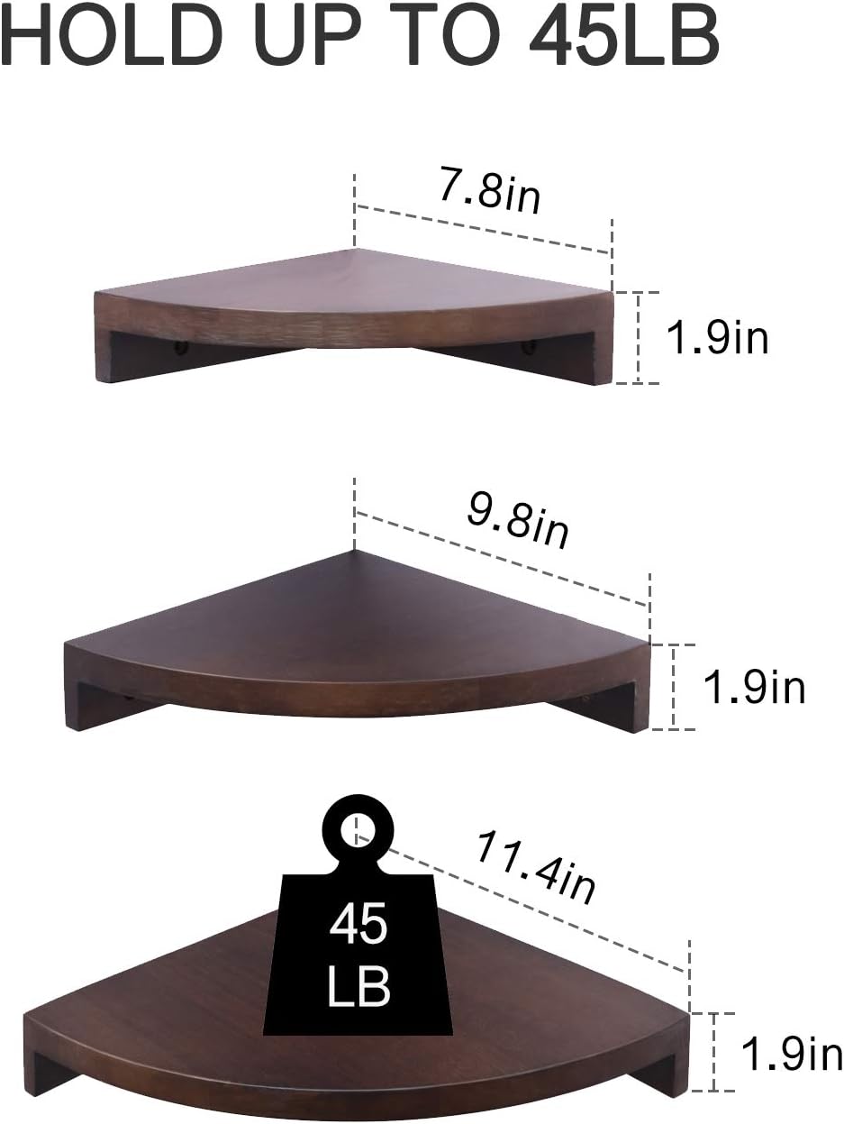 OROPY 3 Tier Radial Corner Shelves for Wall , Solid Wood Floating Corner Storage Shelves - Ideal for Display of Books, Small Plant, Photos, Wall Décor ( One Set of 3 ): Kitchen & Dining