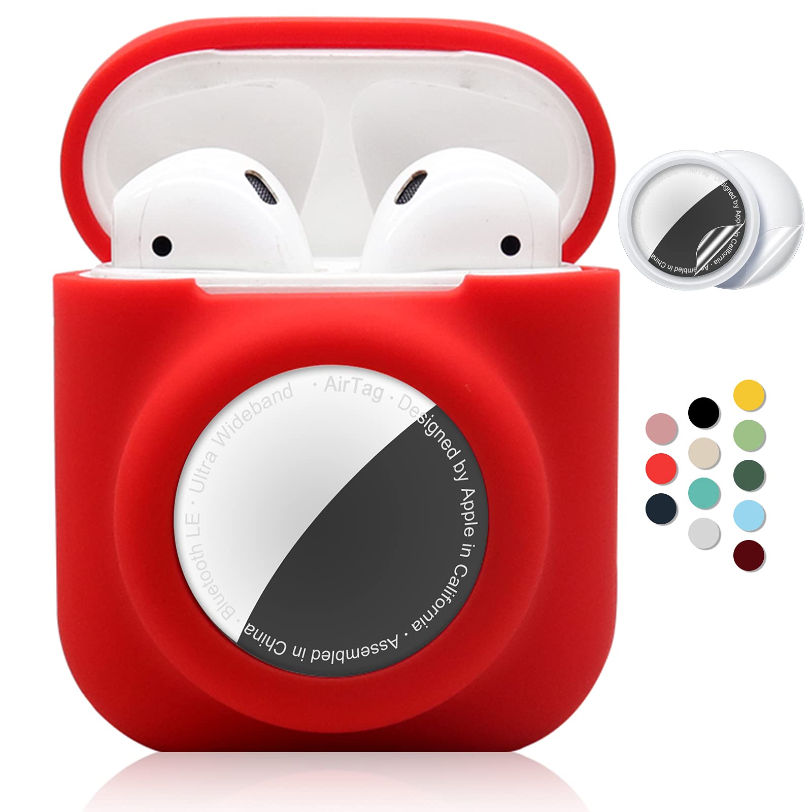 Photo 1 of 2 in 1 Silicone Protective Skin Cover Compatible with AirPod 1&2 and AirTag, Soft Comprehensive Protective Case with 2 PCS TPU Screen Protector, Anti-Scratch Anti-Fall Anti-Lost(Red)