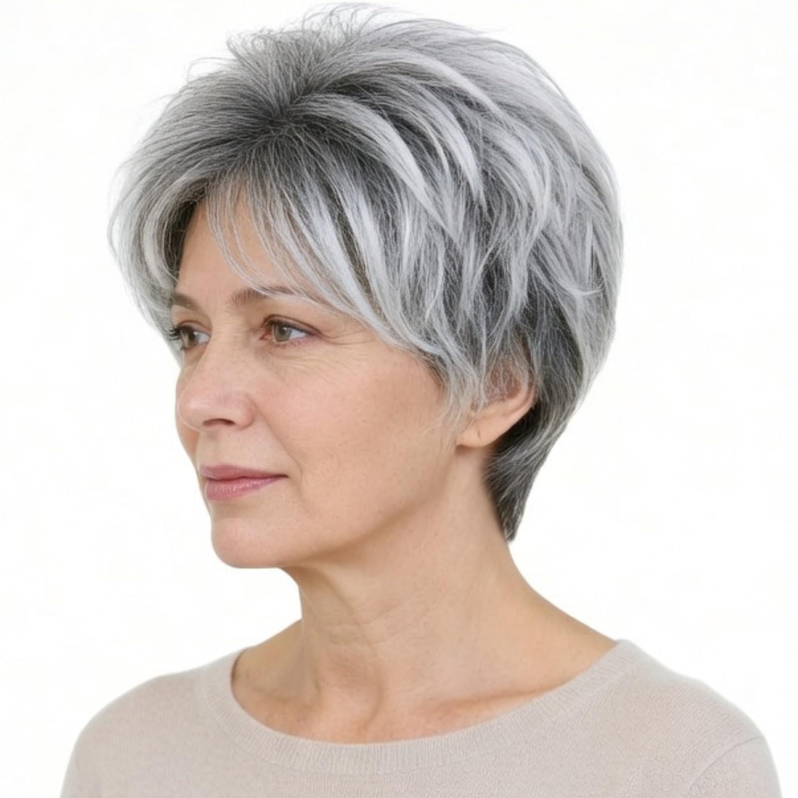 Becus Short Ombre Sliver Gray Pixie Cut Wig Dark Root Straight Layered Short Hair with Fringe Synthetic Hair Pixie Short Wigs for Women(Ombre Sliver Grey)
