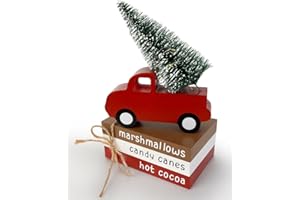 AKEROCK Christmas Decorations Indoor, Christmas Decor - Wooden Book Stack & Red Truck with LED Lighted Tree Xmas Signs for Table, Tiered Tray, Shelf and Mantel - Holiday Decor for Home/Office