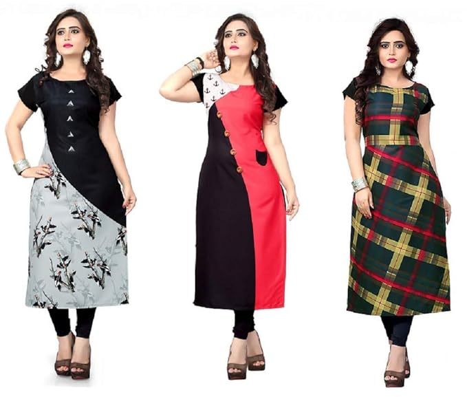 Women's Crepe Combo Pack of 3 Piece Kurti (Multicolour)