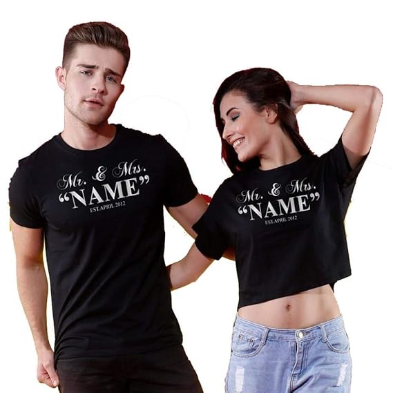 Mr. & Mrs. Name Printed Cotton T-Shirt and Crop Top for Men and Women
