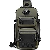 FANDARE Tactical Sling Bag Crossbody Backpack with Tripod Holder Chest Shoulder bag for Men One Strap Motorcycle Chest Pack for Travel Hiking Waterproof Satchel Bag fit 10.5 inch tablet ArmyGreen