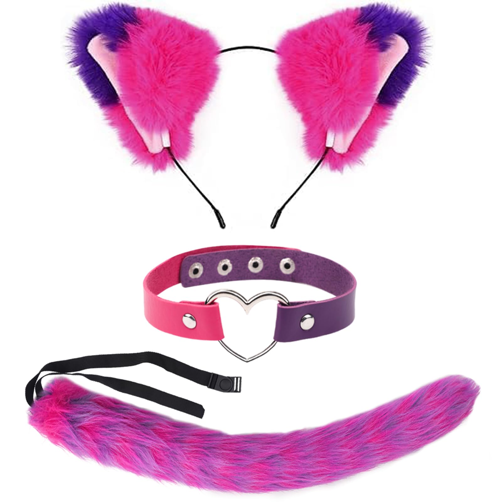 KMLGY 3 PCS Pink and Purple Striped Cat Costume for Women Halloween Cosplay Accessories, Cat Ears, Furry Tail, Love Heart Choker for Halloween Dress up