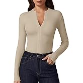 QINSEN Long Sleeve Shirts for Women V Neck Half Zipper Ribbed Knit Going Out Tops Full Length Basic Tee